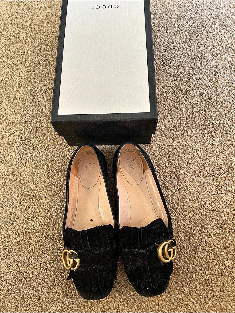 Gucci GG Marmont Fringe Suede Flats Black